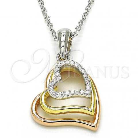 Sterling Silver Pendant Necklace, Heart Design, with White Cubic Zirconia, Polished, Tricolor, 04.336.0112.18