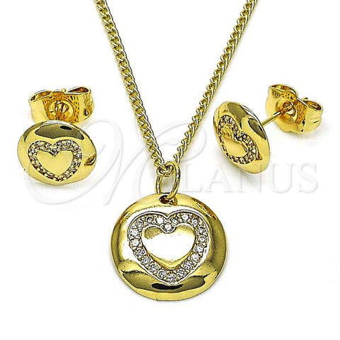 Oro Laminado Earring and Pendant Adult Set, Gold Filled Style Heart Design, with White Micro Pave, Polished, Golden Finish, 10.156.0475