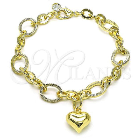 Oro Laminado Fancy Bracelet, Gold Filled Style Rolo and Heart Design, with White Cubic Zirconia, Diamond Cutting Finish, Golden Finish, 03.331.0287.09