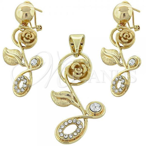 Oro Laminado Earring and Pendant Adult Set, Gold Filled Style Flower Design, with  Crystal, Golden Finish, 5.051.005