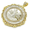 Oro Laminado Religious Pendant, Gold Filled Style Centenario Coin and Angel Design, with White Cubic Zirconia, Polished, Golden Finish, 05.253.0079