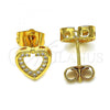 Oro Laminado Stud Earring, Gold Filled Style Heart Design, with White Micro Pave, Polished, Golden Finish, 02.344.0013