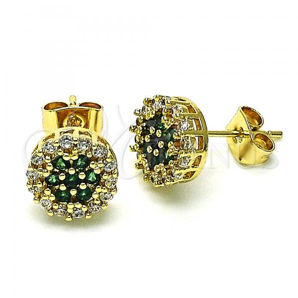 Oro Laminado Stud Earring, Gold Filled Style Flower Design, with Green and White Cubic Zirconia, Polished, Golden Finish, 02.344.0076.2