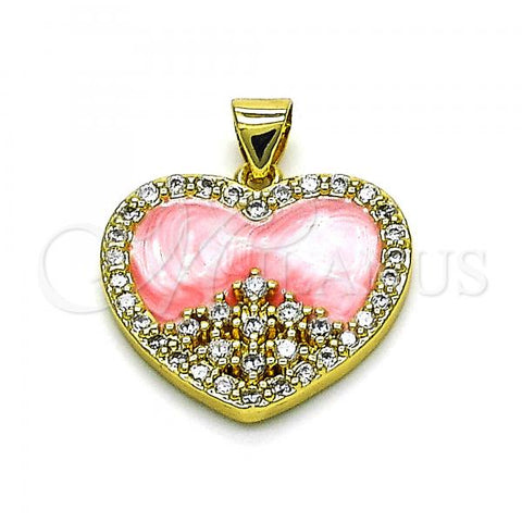 Oro Laminado Fancy Pendant, Gold Filled Style Heart Design, with White Cubic Zirconia, Pink Enamel Finish, Golden Finish, 05.381.0016