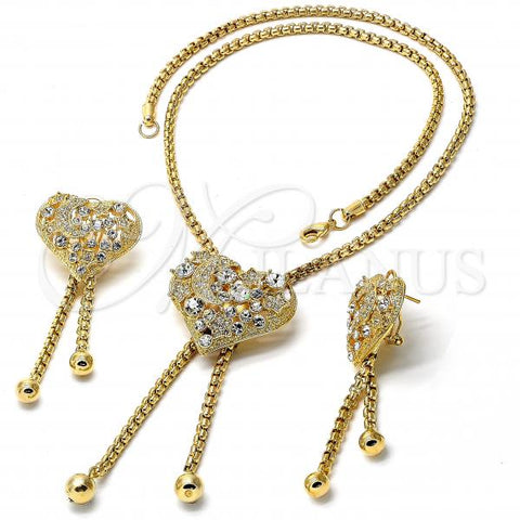 Oro Laminado Necklace and Earring, Gold Filled Style Heart Design, with White Crystal, Polished, Golden Finish, 06.59.0091