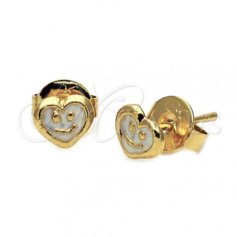 Oro Laminado Stud Earring, Gold Filled Style Heart and Smile Design, White Enamel Finish, Golden Finish, 5.126.094.2 *PROMO*