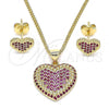 Oro Laminado Earring and Pendant Adult Set, Gold Filled Style Heart Design, with Ruby Micro Pave, Polished, Golden Finish, 10.156.0251.1