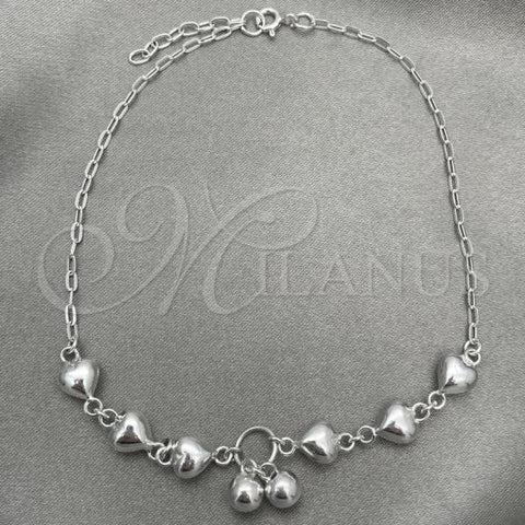 Sterling Silver Charm Anklet , Heart Design, Polished, Silver Finish, 03.407.0006.10