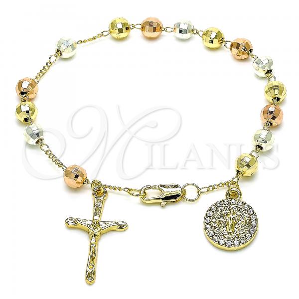 Oro Laminado Charm Bracelet, Gold Filled Style San Benito and Crucifix Design, with White Crystal, Diamond Cutting Finish, Tricolor, 03.380.0116.08