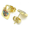 Oro Laminado Stud Earring, Gold Filled Style Lock and Heart Design, with Multicolor Micro Pave, Polished, Golden Finish, 02.210.0406.1
