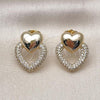 Oro Laminado Stud Earring, Gold Filled Style Heart Design, with White Micro Pave, Polished, Golden Finish, 02.283.0231