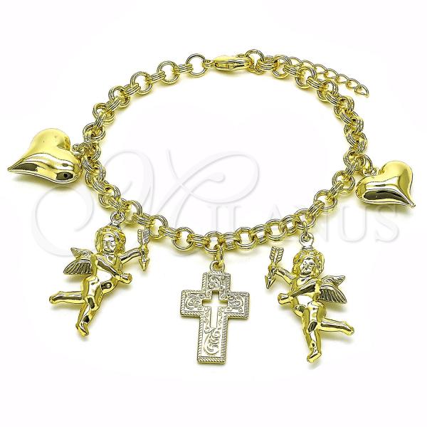 Oro Laminado Charm Bracelet, Gold Filled Style Rolo and Heart Design, Polished, Golden Finish, 03.213.0258.07