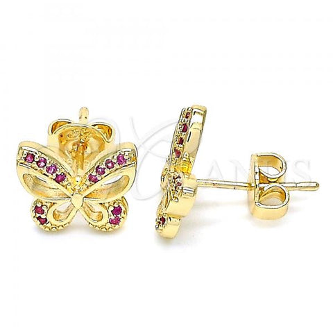 Oro Laminado Stud Earring, Gold Filled Style Butterfly Design, with Ruby Micro Pave, Polished, Golden Finish, 02.156.0455.1