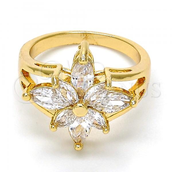 Oro Laminado Multi Stone Ring, Gold Filled Style Flower Design, with White Cubic Zirconia, Polished, Golden Finish, 01.210.0012.07 (Size 7)
