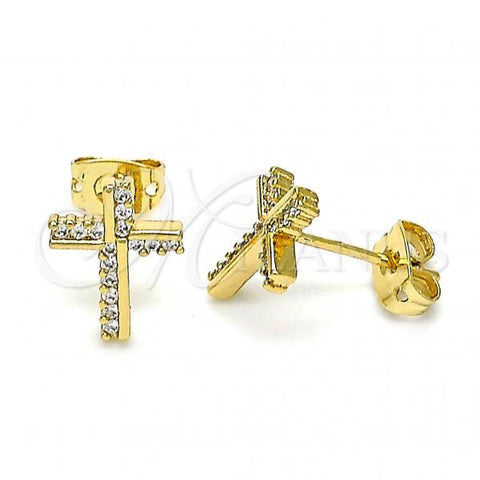 Oro Laminado Stud Earring, Gold Filled Style Cross Design, with White Micro Pave, Polished, Golden Finish, 02.342.0118