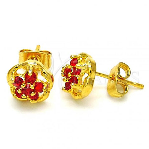 Oro Laminado Stud Earring, Gold Filled Style Flower Design, with Garnet Cubic Zirconia, Polished, Golden Finish, 02.349.0001