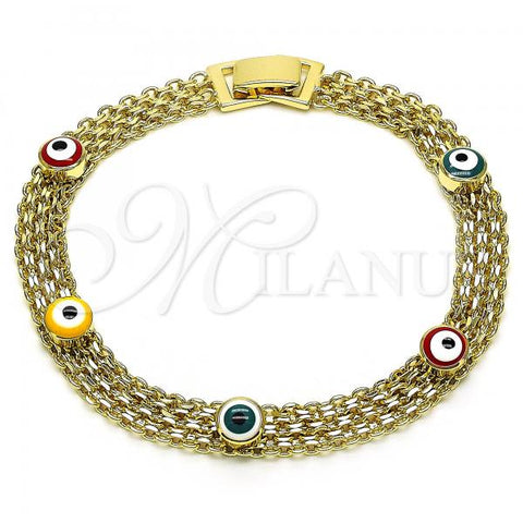 Oro Laminado Fancy Bracelet, Gold Filled Style Evil Eye and Bismark Design, Multicolor Enamel Finish, Golden Finish, 03.213.0157.08