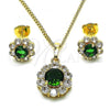 Oro Laminado Earring and Pendant Adult Set, Gold Filled Style Flower Design, with Green and White Cubic Zirconia, Polished, Golden Finish, 10.199.0086.9