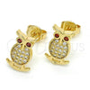 Oro Laminado Stud Earring, Gold Filled Style Owl Design, with Garnet Cubic Zirconia and White Micro Pave, Polished, Golden Finish, 02.156.0291