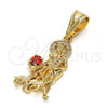 Oro Laminado Religious Pendant, Gold Filled Style San Lazaro Design, with White and Garnet Cubic Zirconia, Polished, Golden Finish, 05.120.0036