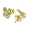 Oro Laminado Stud Earring, Gold Filled Style Butterfly Design, with White Micro Pave, Polished, Golden Finish, 02.156.0561