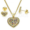 Oro Laminado Earring and Pendant Adult Set, Gold Filled Style Heart Design, with Multicolor Micro Pave, Polished, Golden Finish, 10.156.0251.3