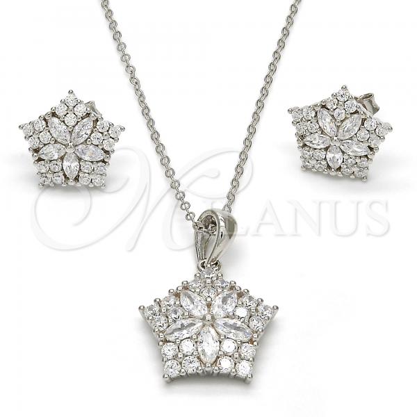 Sterling Silver Earring and Pendant Adult Set, Star and Flower Design, with White Cubic Zirconia, Polished, Rhodium Finish, 10.286.0016