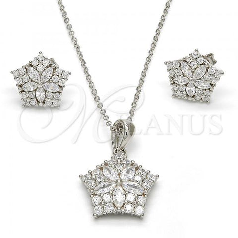 Sterling Silver Earring and Pendant Adult Set, Star and Flower Design, with White Cubic Zirconia, Polished, Rhodium Finish, 10.286.0016