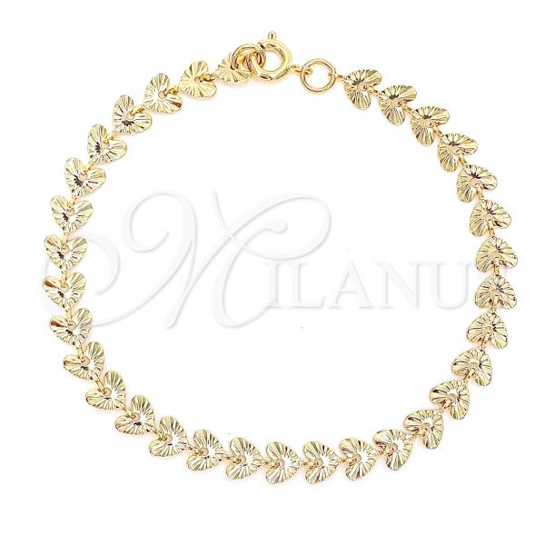 Oro Laminado Fancy Bracelet, Gold Filled Style Heart Design, Diamond Cutting Finish, Golden Finish, 03.09.0093.07