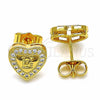 Oro Laminado Stud Earring, Gold Filled Style Heart and Love Design, with White Micro Pave, Polished, Golden Finish, 02.344.0024