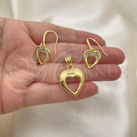 Oro Laminado Earring and Pendant Adult Set, Gold Filled Style Heart Design, with White Crystal, Golden Finish, 10.59.0109