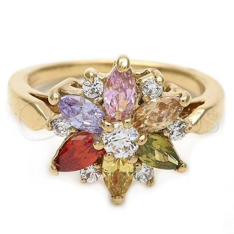 Oro Laminado Multi Stone Ring, Gold Filled Style Flower Design, with Multicolor Cubic Zirconia, Polished, Golden Finish, 5.172.001.07 (Size 7)
