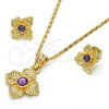 Oro Laminado Earring and Pendant Adult Set, Gold Filled Style Flower Design, with Amethyst Crystal, Polished, Golden Finish, 10.160.0098.1
