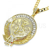Oro Laminado Religious Pendant, Gold Filled Style Centenario Coin and Angel Design, with White and Garnet Crystal, Polished, Tricolor, 05.351.0150