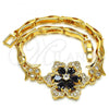 Oro Laminado Fancy Bracelet, Gold Filled Style Flower and Fish Design, with Black and White Cubic Zirconia, Polished, Golden Finish, 03.210.0105.08