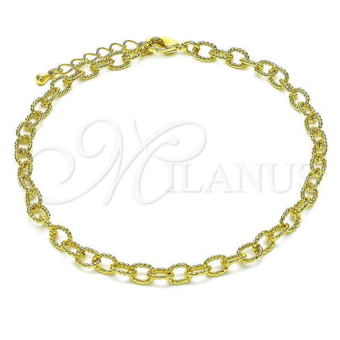 Oro Laminado Fancy Anklet, Gold Filled Style Rolo Design, Diamond Cutting Finish, Golden Finish, 04.63.1422.10