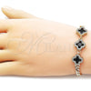 Oro Laminado Fancy Bracelet, Gold Filled Style Four-leaf Clover and Miami Cuban Design, with Black Cubic Zirconia and White Micro Pave, Polished, Golden Finish, 03.283.0434.2.07