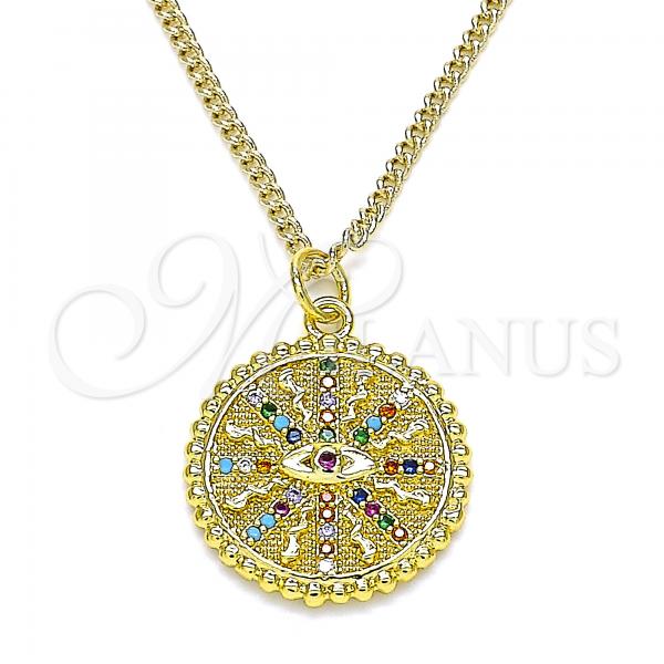 Oro Laminado Pendant Necklace, Gold Filled Style Evil Eye Design, with Multicolor Micro Pave, Polished, Golden Finish, 04.313.0043.20