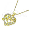 Oro Laminado Pendant Necklace, Gold Filled Style Mom and Heart Design, with White Micro Pave and White Cubic Zirconia, Polished, Golden Finish, 04.341.0095.20