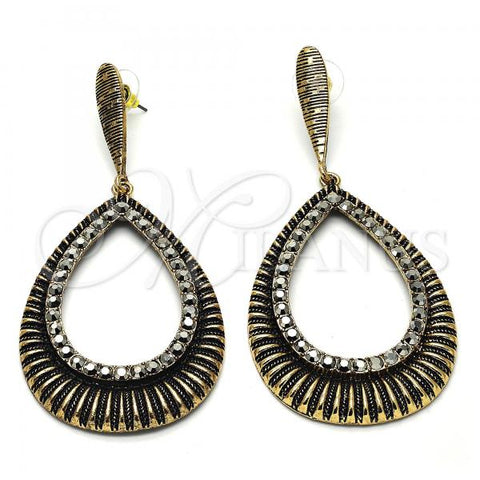 Oro Laminado Long Earring, Gold Filled Style Teardrop Design, with Black Crystal, Black Enamel Finish, Golden Finish, 02.268.0038