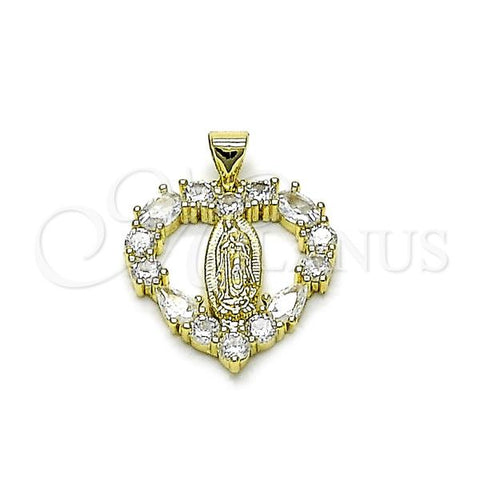 Oro Laminado Religious Pendant, Gold Filled Style Heart and Guadalupe Design, with White Cubic Zirconia, Polished, Golden Finish, 05.213.0175