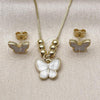 Oro Laminado Earring and Pendant Adult Set, Gold Filled Style Butterfly and Ball Design, White Enamel Finish, Golden Finish, 10.341.0021