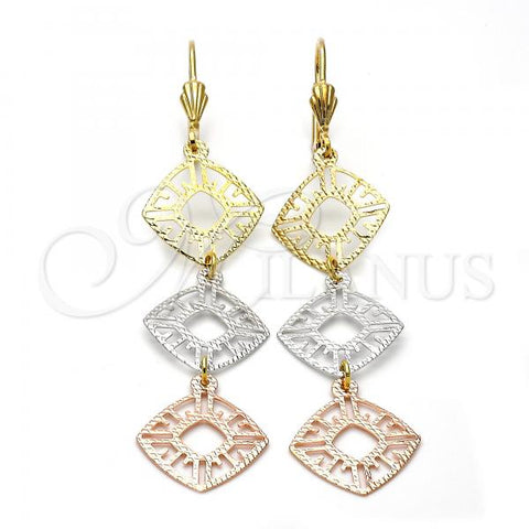 Oro Laminado Long Earring, Gold Filled Style Filigree Design, Diamond Cutting Finish, Tricolor, 5.088.001