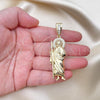 Oro Laminado Religious Pendant, Gold Filled Style San Judas Design, with White Micro Pave and White Cubic Zirconia, Polished, Golden Finish, 05.411.0003