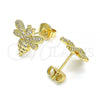 Oro Laminado Stud Earring, Gold Filled Style Bee Design, with White Micro Pave, Polished, Golden Finish, 02.156.0616