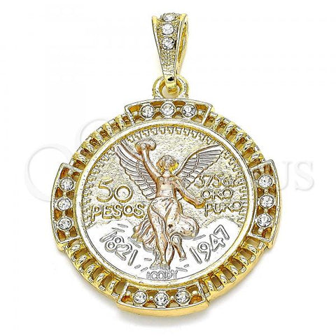 Oro Laminado Religious Pendant, Gold Filled Style Centenario Coin and Angel Design, with White Crystal, Polished, Tricolor, 05.351.0156
