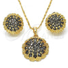 Oro Laminado Earring and Pendant Adult Set, Gold Filled Style Flower Design, with Black Crystal, Polished, Golden Finish, 10.273.0027