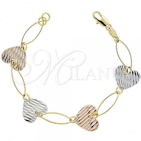 Oro Laminado Fancy Bracelet, Gold Filled Style Heart Design, Diamond Cutting Finish, Tricolor, 5.032.006