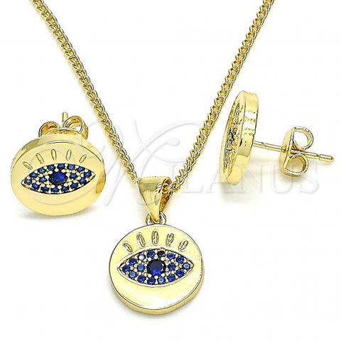 Oro Laminado Earring and Pendant Adult Set, Gold Filled Style with Sapphire Blue Micro Pave, Polished, Golden Finish, 10.156.0249.1