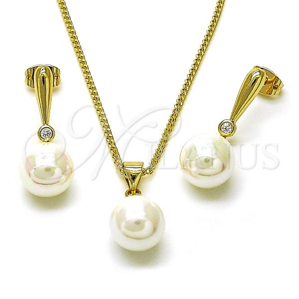 Oro Laminado Earring and Pendant Adult Set, Gold Filled Style Ball and Teardrop Design, with Ivory Mother of Pearl and White Cubic Zirconia, Polished, Golden Finish, 10.213.0021